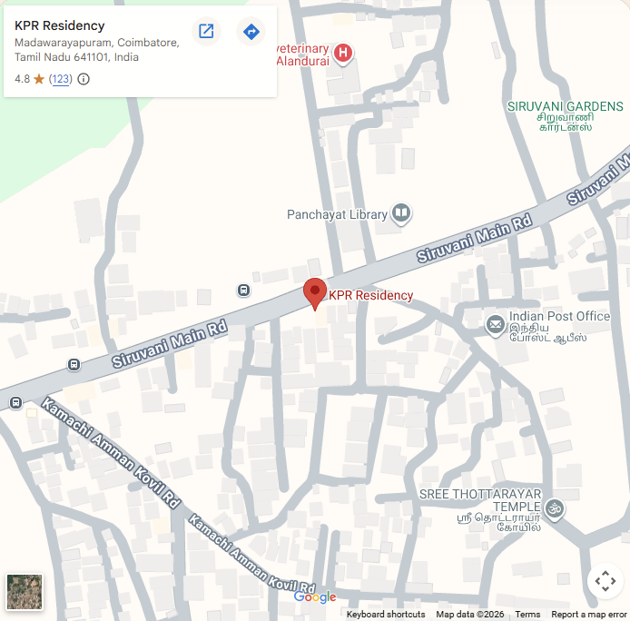 Map preview showing KPR Residency in Madawarayapuram, Coimbatore